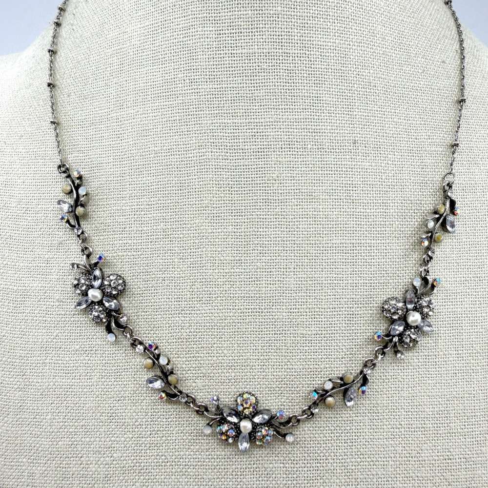 Gunmetal Floral Rhinestone Faux Pearl Necklace Cottagecore Statement Jewelry